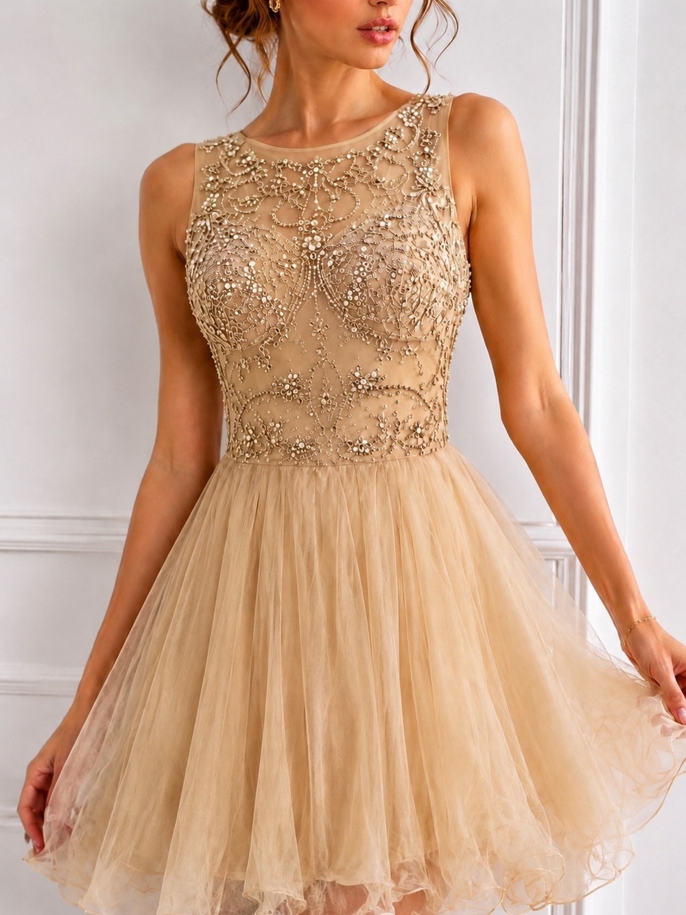 💎 MAY QUEEN Couture Champagne Beaded Illusion Formal Prom Princesscore Sz 8 M